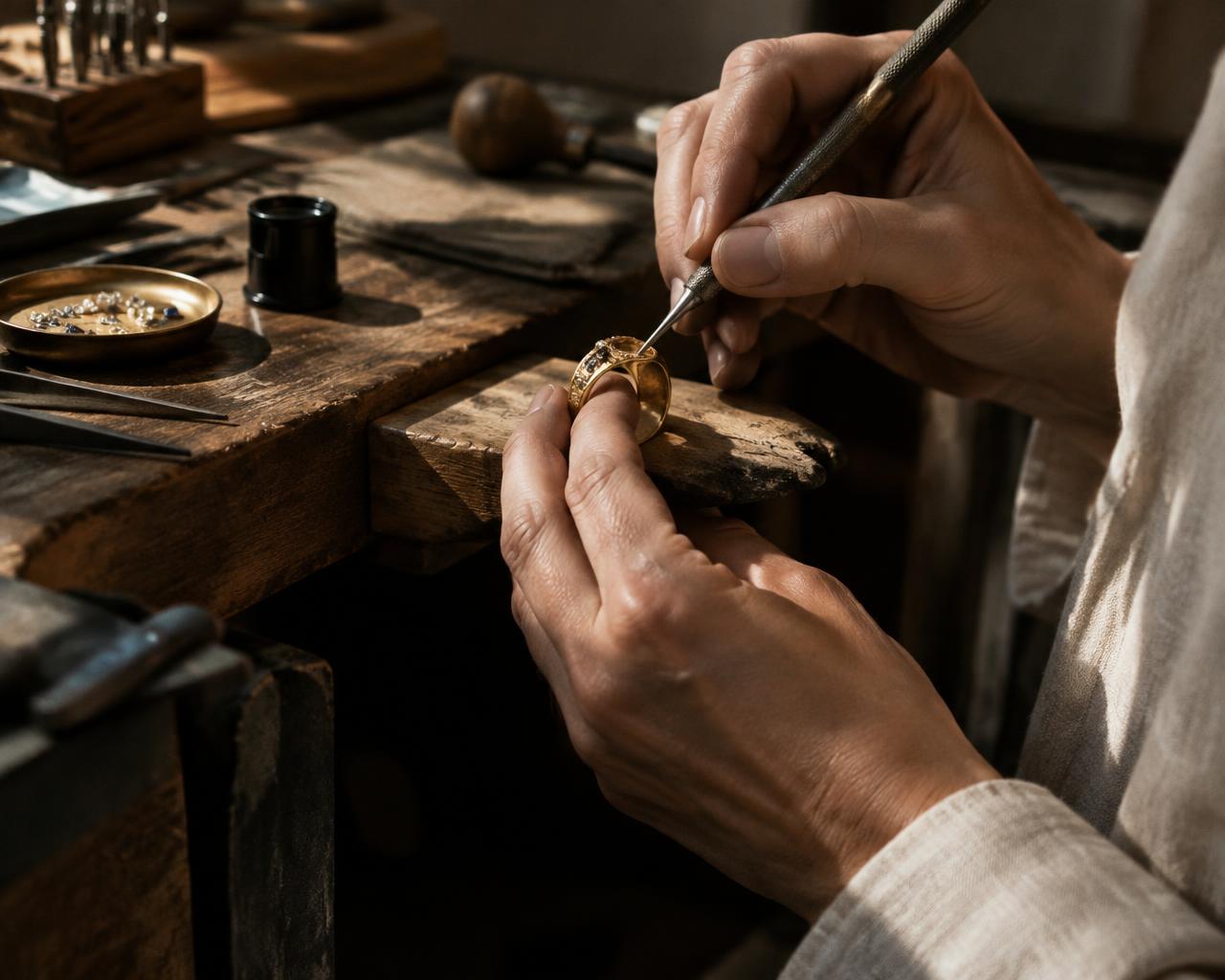 A jeweler carefully working on a gold ring at a workbench